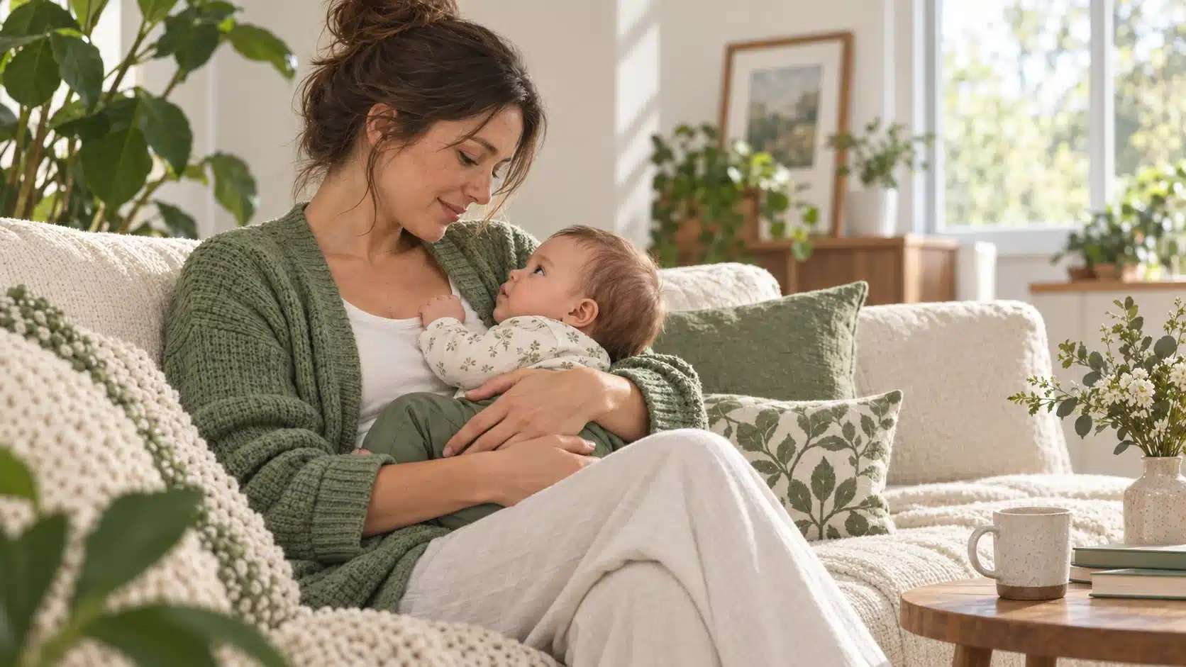 dolor-amamantar-causas-soluciones-cuando-pedir-ayuda Madre sosteniendo a su bebé en brazos en un entorno tranquilo.