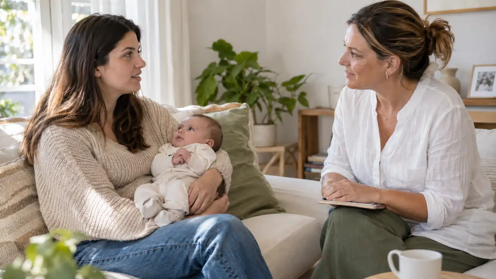 frenillo-lingual-lactancia Madre con su bebé en brazos conversando con una profesional durante una consulta de lactancia en casa.