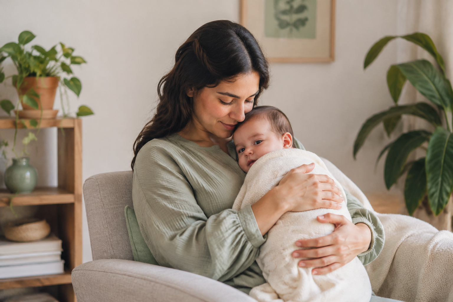 Madre con bebé en un ambiente cálido Madre sosteniendo a su bebé en un ambiente cálido y tranquilo