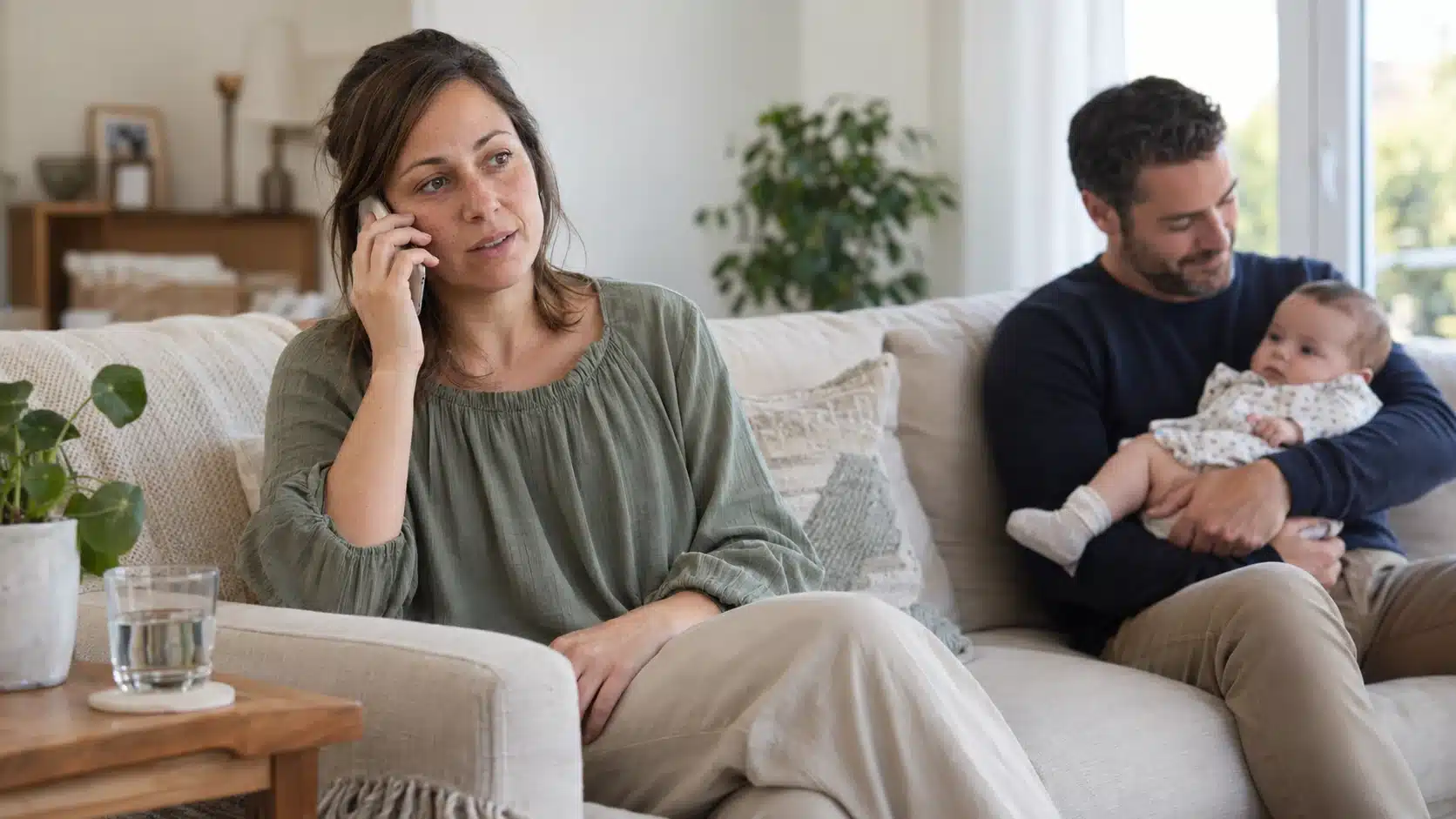 mastitis-lactancia Madre hablando por teléfono en casa mientras su pareja sostiene al bebé.