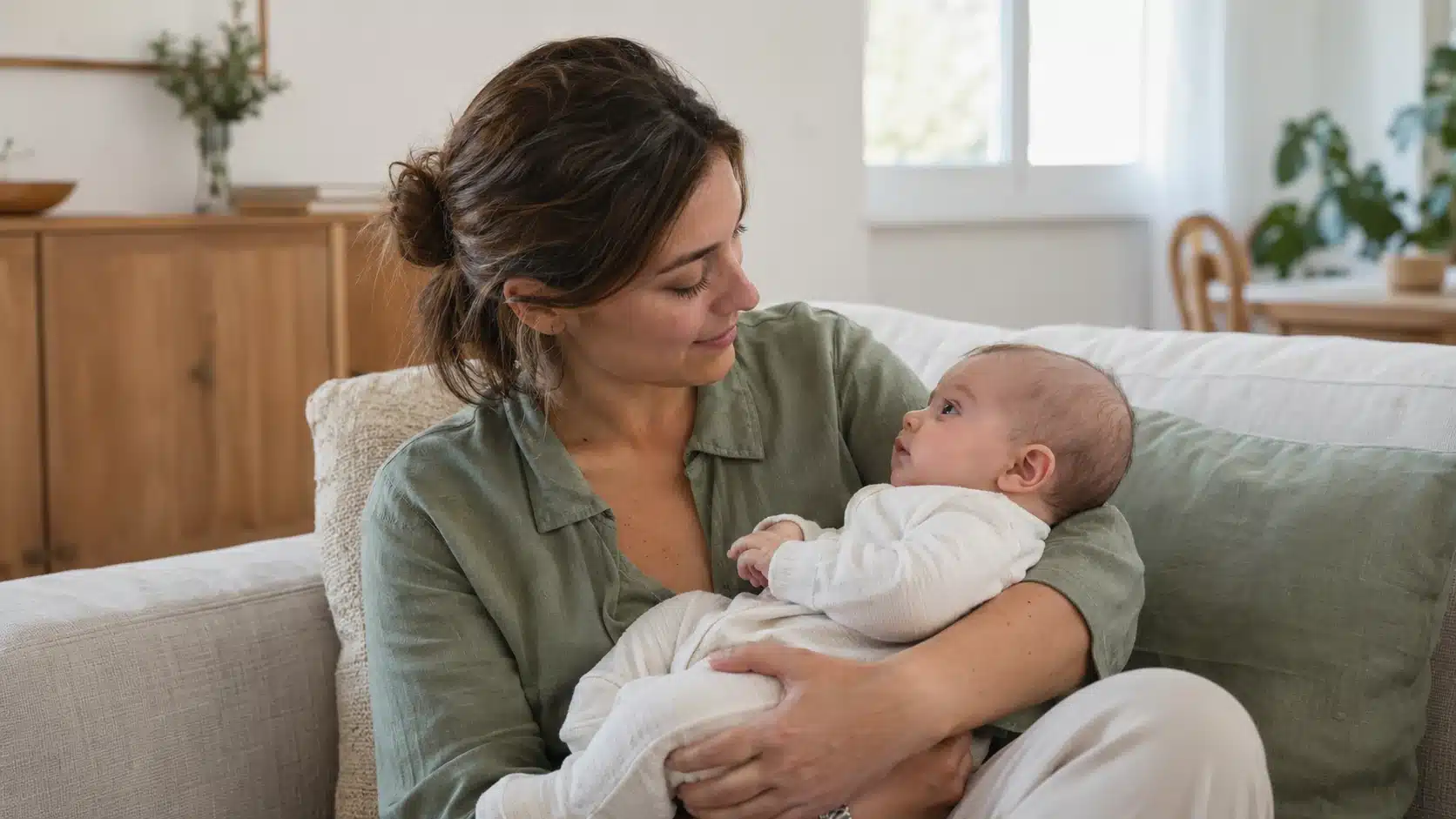 poca-leche-lactancia-baja-produccion Madre sentada en un sofá sosteniendo a su bebé despierto en brazos.